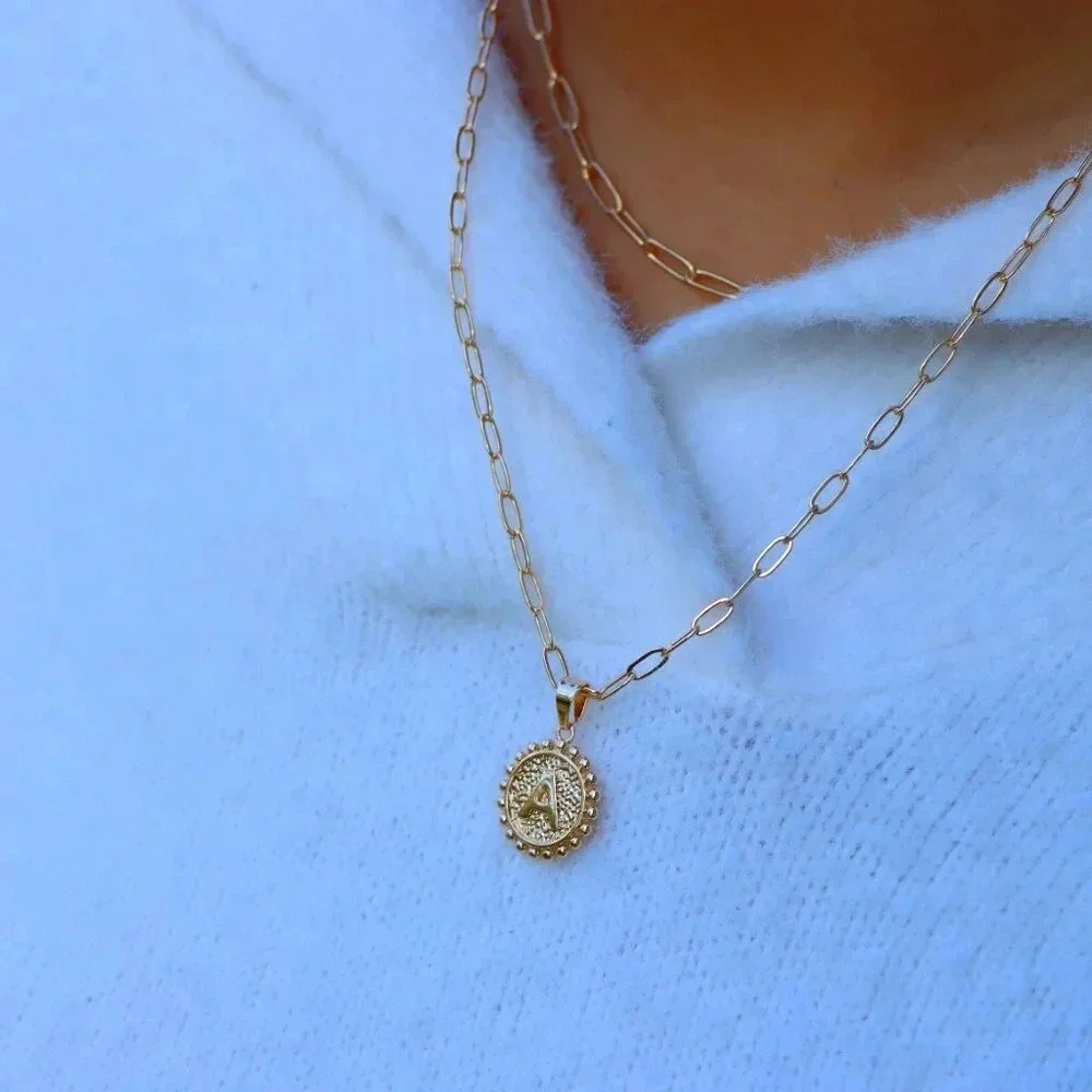 2 LAYER GOLD LETTER INITIAL COIN ROUND/CIRCLE PENDANT DAINTY NECKLACE, ELDM22154 - Picture 12 of 14